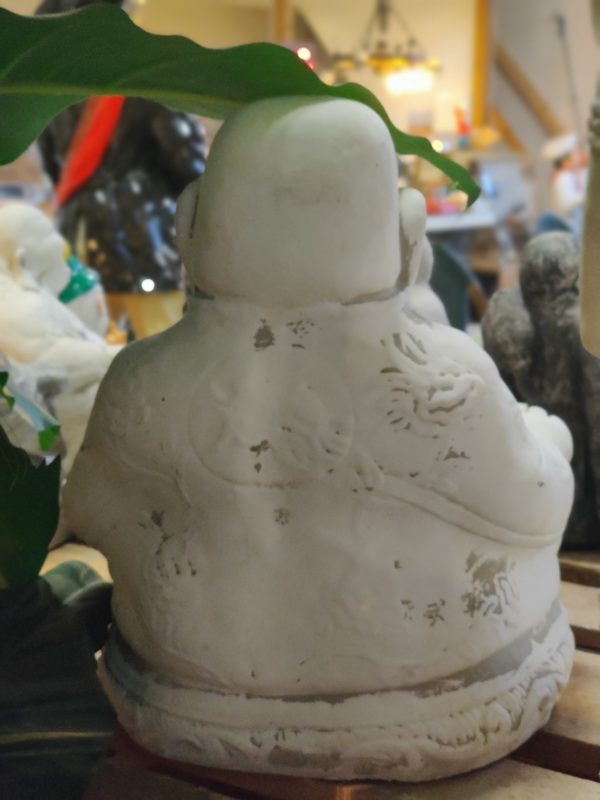 Buddhapatsas, valkoinen, istuva, kuvattu takaapäin