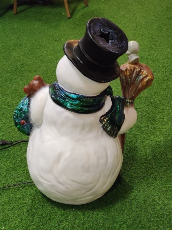 Lumiukko valaisinpatsas, kuvattu takaapäin