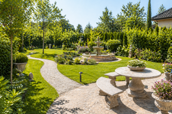 pihan sisustus patsailla suihkulähde pöytäryhmä puutarhapolku vihreä nurmikko